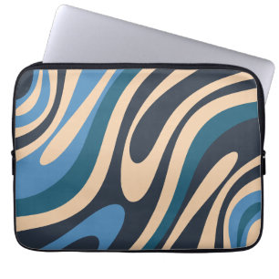 Wavy Loops Retro Abstract Pattern Blue and Beige Laptop Sleeve