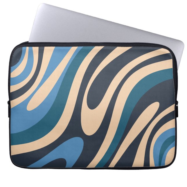 Wavy Loops Retro Abstract Pattern Blue and Beige Laptop Sleeve (Front)