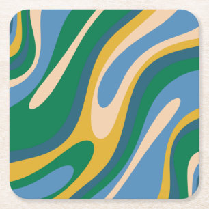 Wavy Loops Retro Abstract Pattern Blue Green Square Paper Coaster