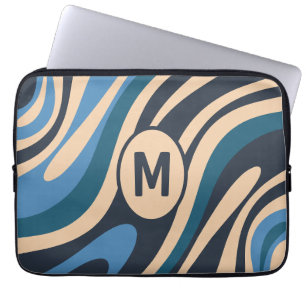 Wavy Loops Retro Abstract Pattern Initial Blue Laptop Sleeve