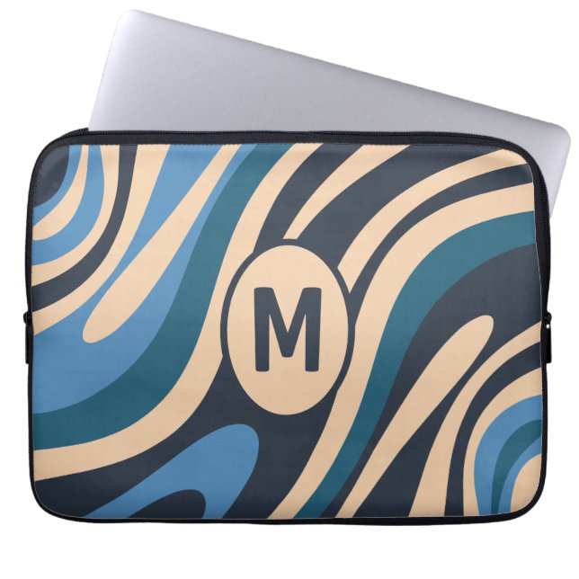 Wavy Loops Retro Abstract Pattern Initial Blue Laptop Sleeve (Front)