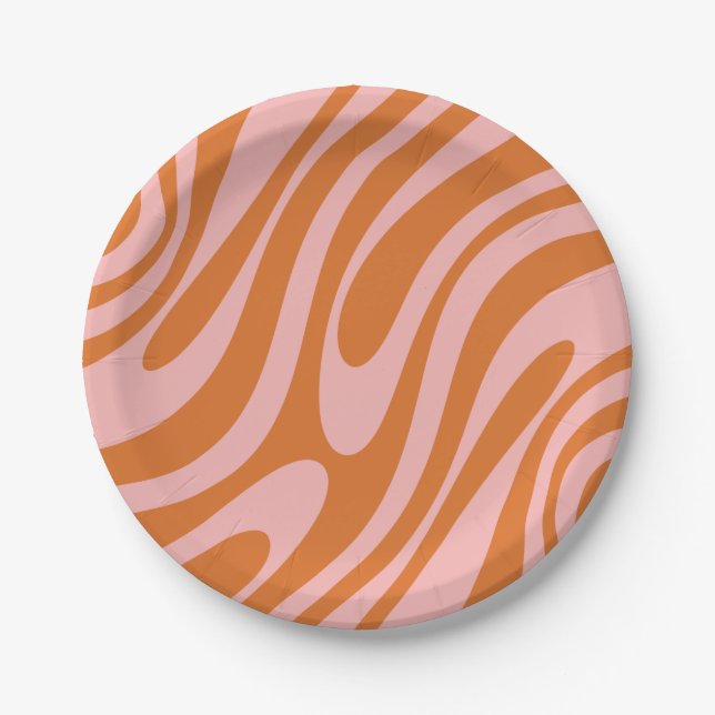 Wavy Loops Retro Abstract Pattern Pink and Orange. Paper Plate (Front)