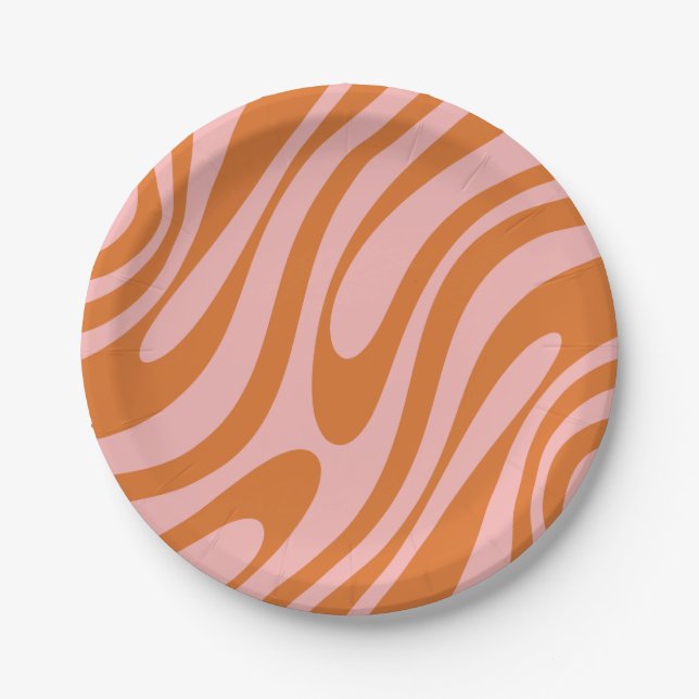 Wavy Loops Retro Abstract Pattern Pink Orange Paper Plate (Front)