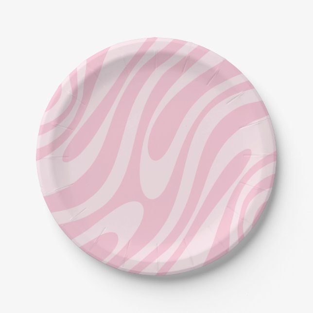 Wavy Loops Retro Abstract Pattern Pink  Paper Plate (Front)