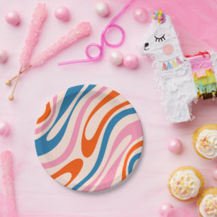 Wavy Loops Retro Modern Abstract Pattern Blue Pink Paper Plate