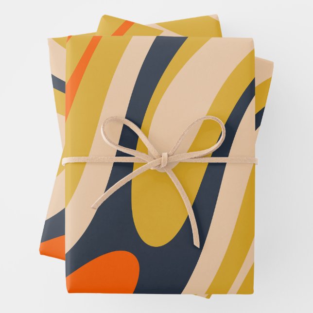 Wavy Loops Retro Modern Abstract Pattern Mustard Wrapping Paper Sheet (In situ)