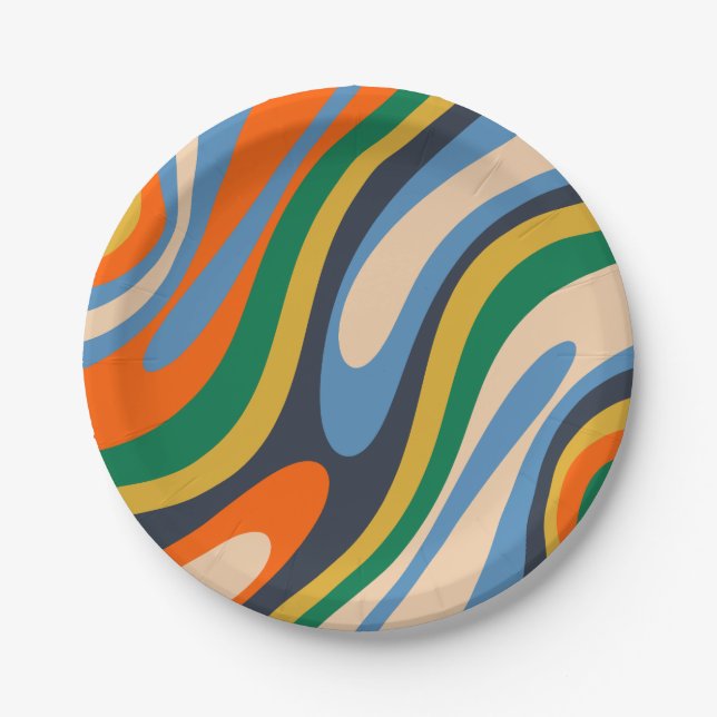 Wavy Loops Retro Multi-Colour Abstract Pattern Paper Plate (Front)