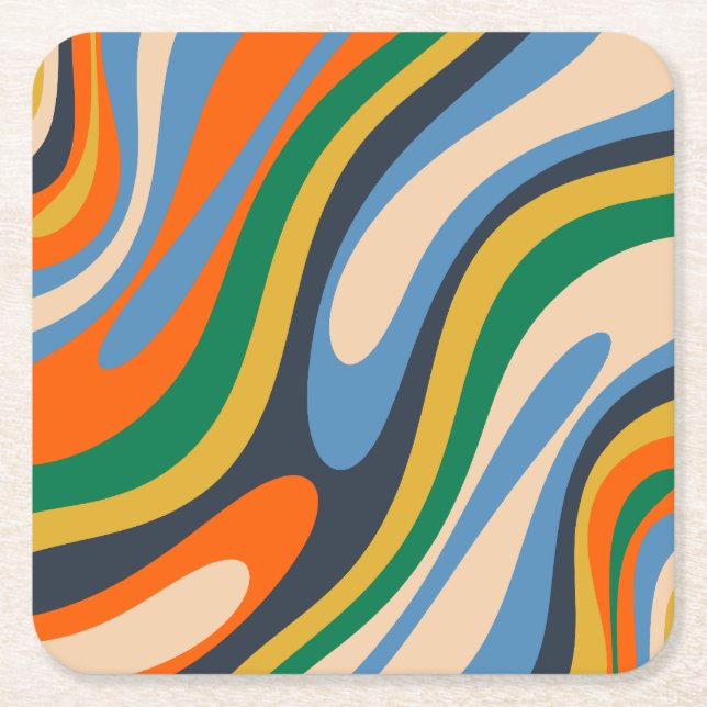 Wavy Loops Retro Multi-Colour Abstract Pattern Square Paper Coaster (Front)