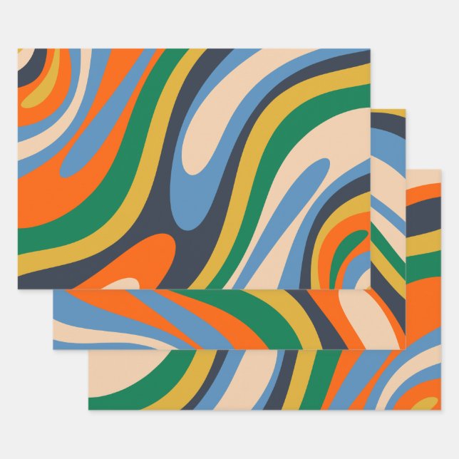 Wavy Loops Retro Multi-Colour Abstract Pattern Wrapping Paper Sheet (Set)
