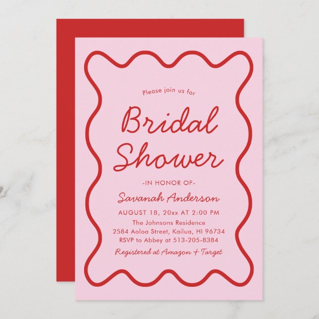 Wavy Modern Curvy Bold Pink and Red Bridal Shower Invitation (Front/Back)