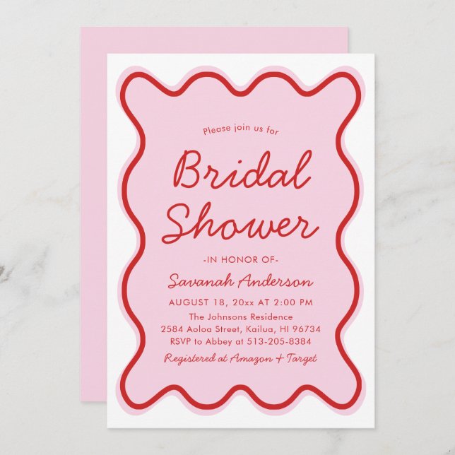 Wavy Modern Curvy Bold Pink and Red Bridal Shower Invitation (Front/Back)