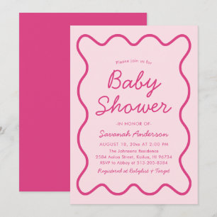 Wavy Modern Curvy Bold Retro Pink Baby Shower Invitation