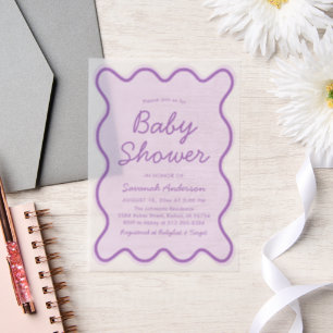 Wavy Modern Curvy Bold Retro Purple Baby Shower Vellum Invitations
