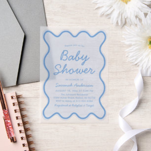Wavy Modern Curvy Retro Dusty Blue Baby Shower Vellum Invitations