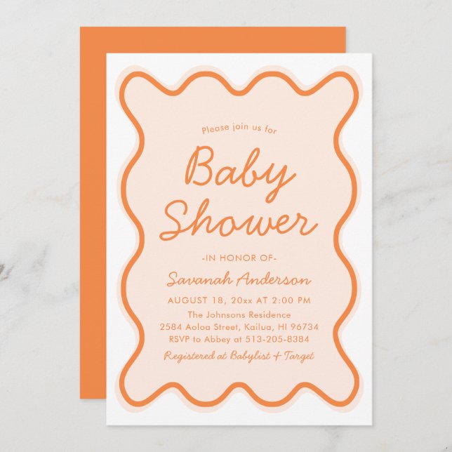 Wavy Modern Curvy Retro Peach Fuzz Baby Shower Invitation (Front/Back)