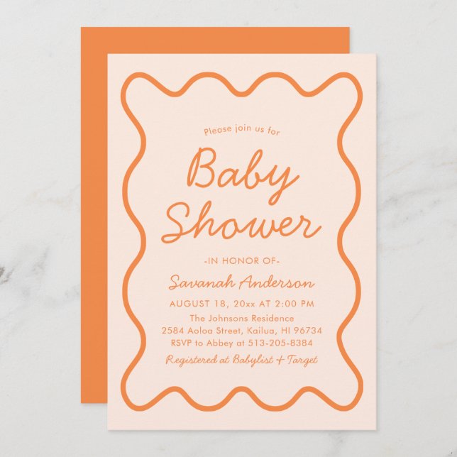 Wavy Modern Curvy Retro Peach Fuzz Baby Shower Invitation (Front/Back)