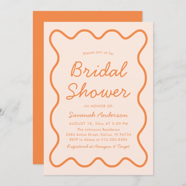 Wavy Modern Curvy Retro Peach Fuzz Bridal Shower Invitation (Front/Back)