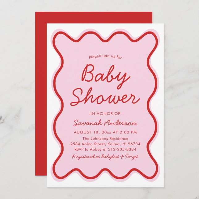 Wavy Modern Curvy Retro Pink and Red Baby Shower Invitation (Front/Back)