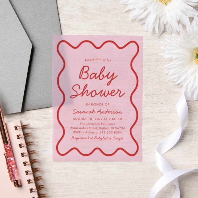 Wavy Modern Curvy Retro Pink and Red Baby Shower Vellum Invitations (Wedding)