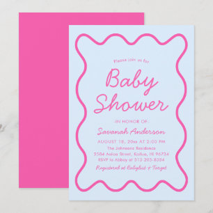 Wavy Modern Curvy Retro Pink Blue Baby Shower Invitation