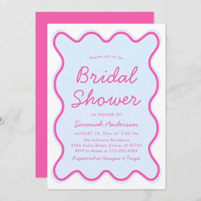 Wavy Modern Curvy Retro Pink Blue Bridal Shower Invitation (Front/Back)