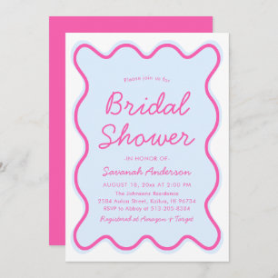 Wavy Modern Curvy Retro Pink Blue Bridal Shower Invitation