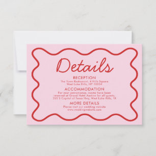 Wavy Modern Curvy Retro Pink Red Wedding Details Invitation