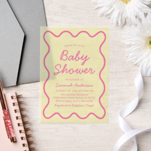 Wavy Modern Curvy Retro Pink Yellow Baby Shower In Vellum Invitations