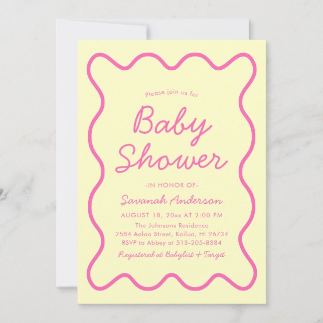 Wavy Modern Curvy Retro Pink Yellow Baby Shower Invitation (Front)