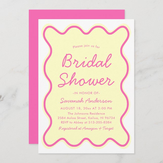 Wavy Modern Curvy Retro Pink Yellow Bridal Shower Invitation (Front/Back)