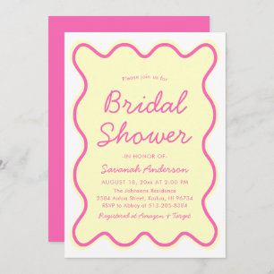 Wavy Modern Curvy Retro Pink Yellow Bridal Shower Invitation