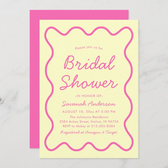 Wavy Modern Curvy Retro Pink Yellow Bridal Shower Invitation (Front/Back)