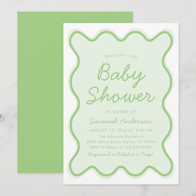 Wavy Modern Curvy Retro Sage Green Baby Shower Invitation (Front/Back)