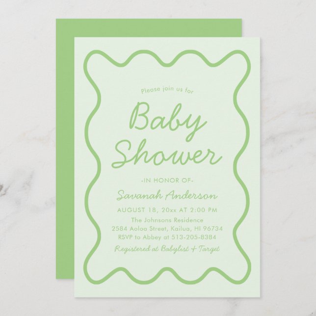 Wavy Modern Curvy Retro Sage Green Baby Shower Invitation (Front/Back)