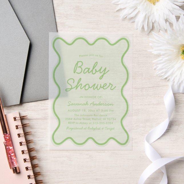 Wavy Modern Curvy Retro Sage Green Baby Shower Vellum Invitations (Wedding)