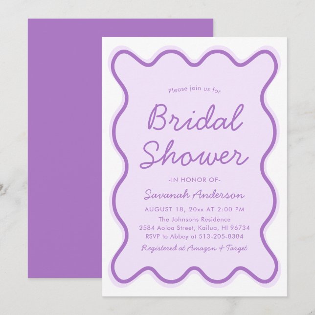 Wavy Modern Curvy Squiggle Purple Bridal Shower Invitation (Front/Back)