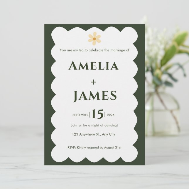 Wavy Modern Green wedding invitation (Standing Front)