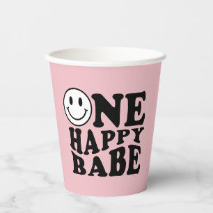 Wavy One Happy Babe Preppy Smile Pink Paper Cups