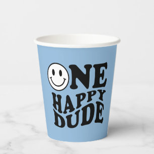 Wavy One Happy Dude Preppy Smile Blue Paper Cups
