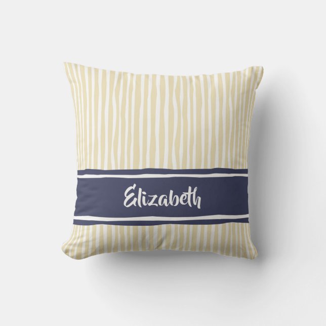 Wavy Painterly Stripes Navy and Cream With Name Cushion (Front)