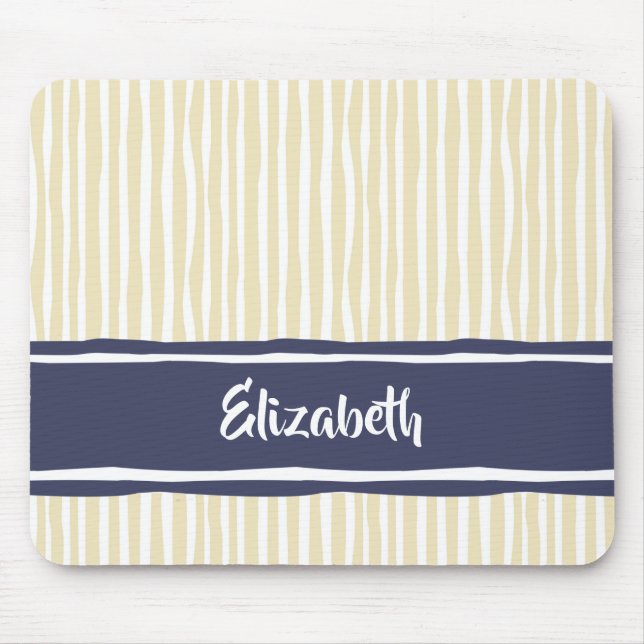 Wavy Painterly Stripes Navy and Cream With Name Mouse Mat (Front)