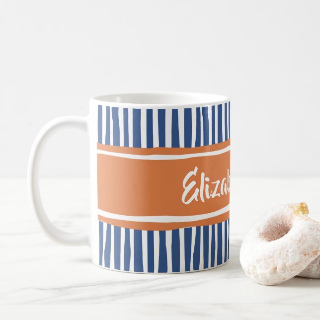 Wavy Painterly Stripes Orange and Blue With Name Coffee Mug (With Donut)