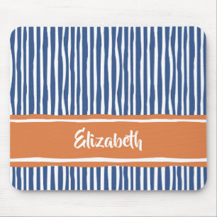 Wavy Painterly Stripes Orange and Blue With Name Mouse Mat
