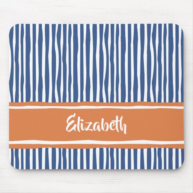 Wavy Painterly Stripes Orange and Blue With Name Mouse Mat (Front)