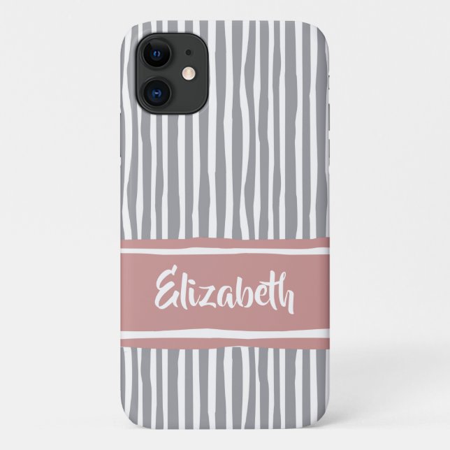 Wavy Painterly Stripes Pink and Grey With Name Case-Mate iPhone Case (Back)