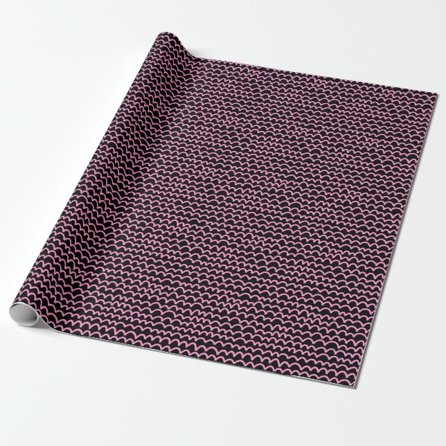 Wavy Pattern - Pink on Black Wrapping Paper (Unrolled)