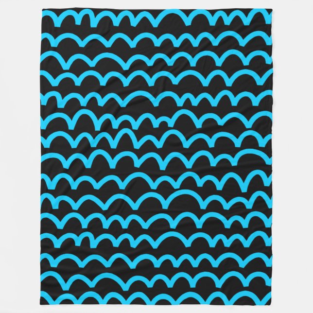 Wavy Pattern - Sky Blue on Black Fleece Blanket (Front)