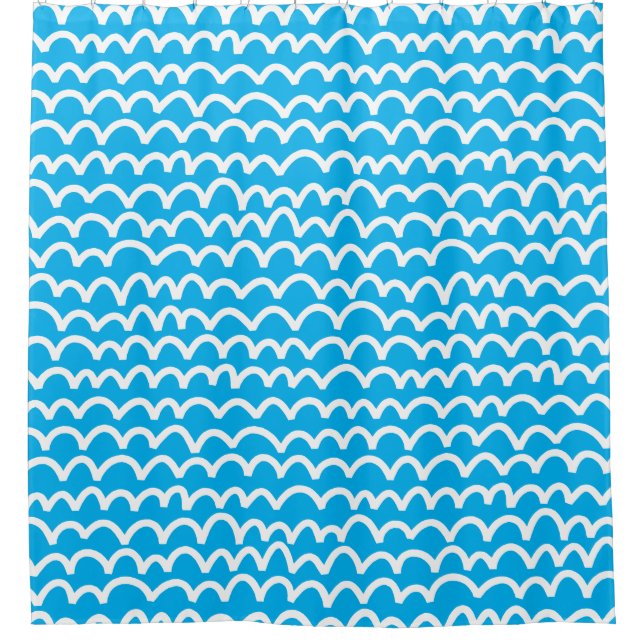Wavy Pattern - White on Blue 00b0ef Shower Curtain (Front)