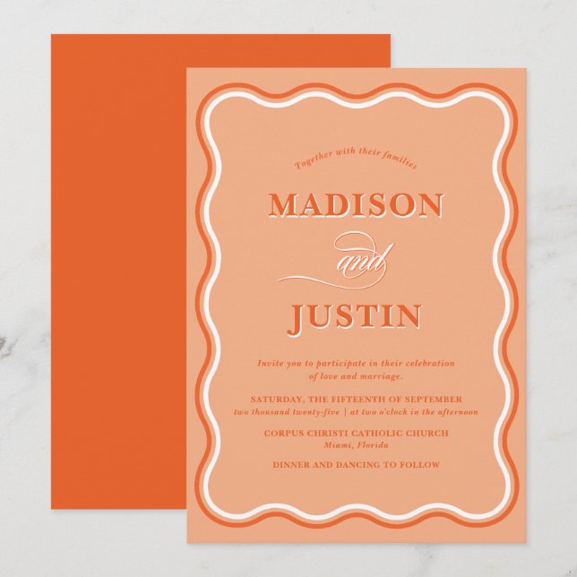 Wavy Peach Orange Wedding Invitation (Front/Back)