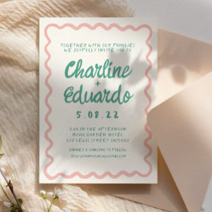 Wavy Pink and Green Handwriting Wedding QR Code Invitation